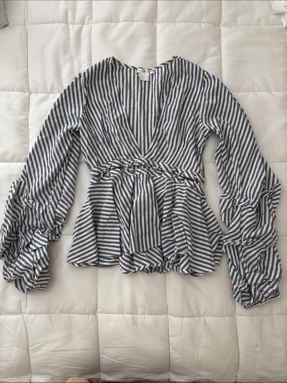 VENUS Navy and White Striped Wrap Peplum Blouse with Ruffle Sleeves